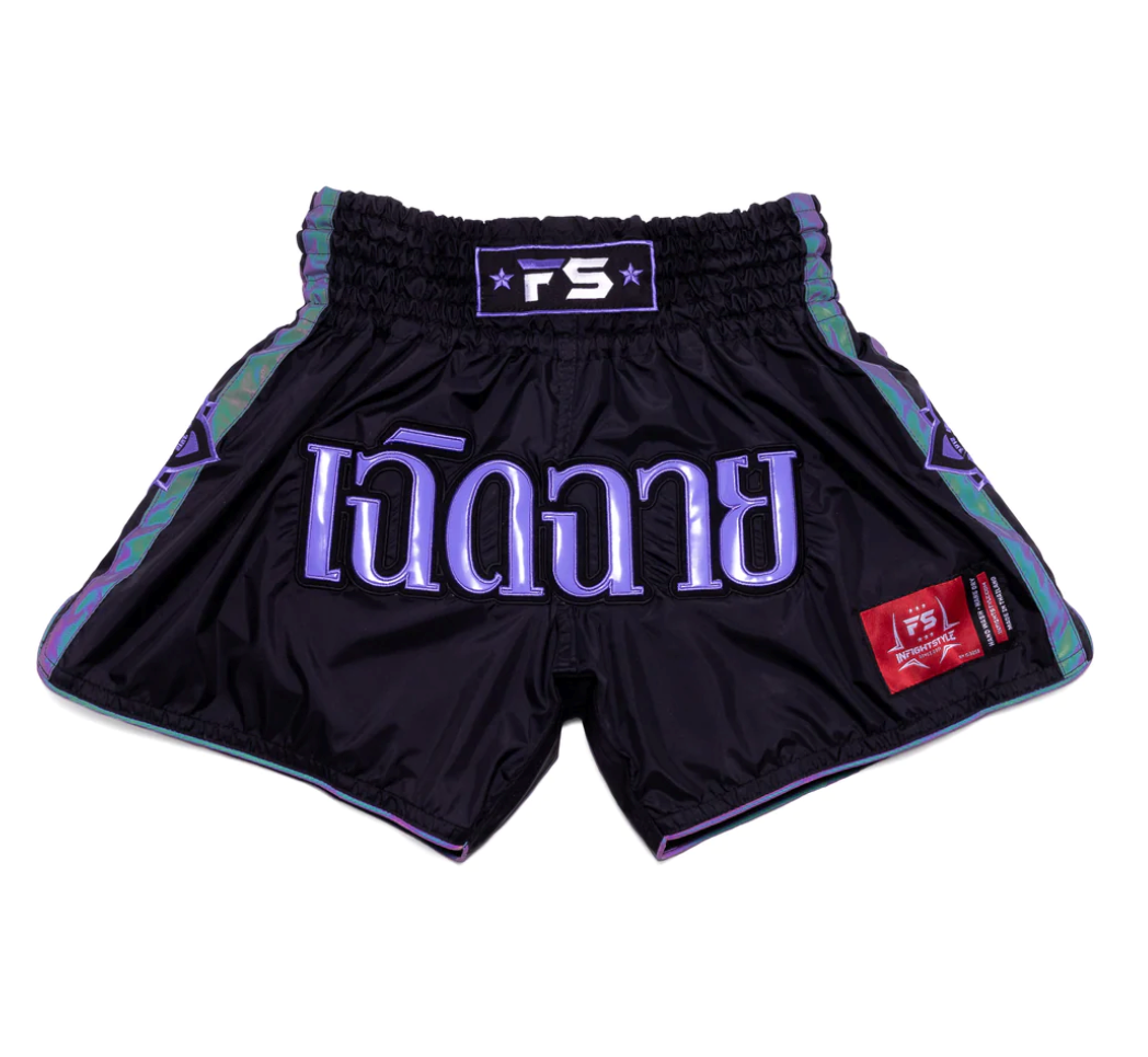 Incandescent Mono Nylon Lotus Muay Thai Athletic Training Shorts | Purple/Black Fusion INFIGHTSTYLE