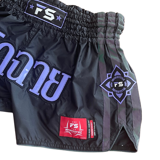Incandescent Mono Nylon Lotus Retro Muay Thai Training Shorts - Purple/Black