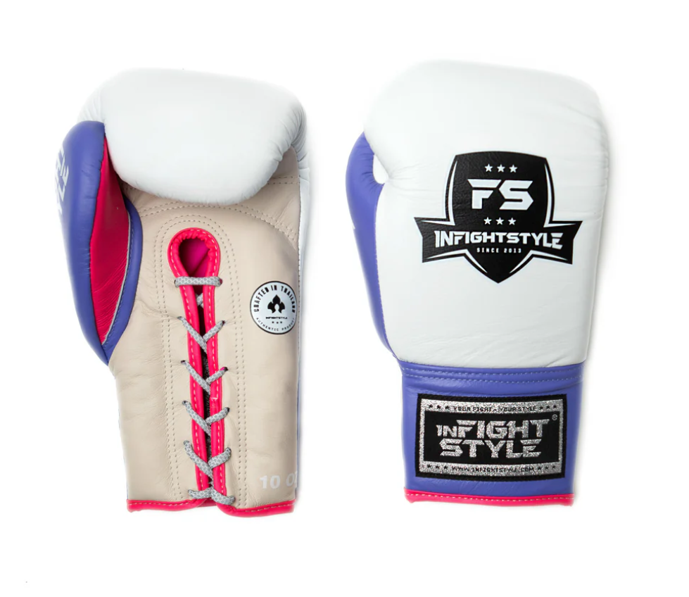 Limited Edition Classic Lace Up - Ice Creams boxing gloves feature pink nylon, reflective lace, and cowhide leather.