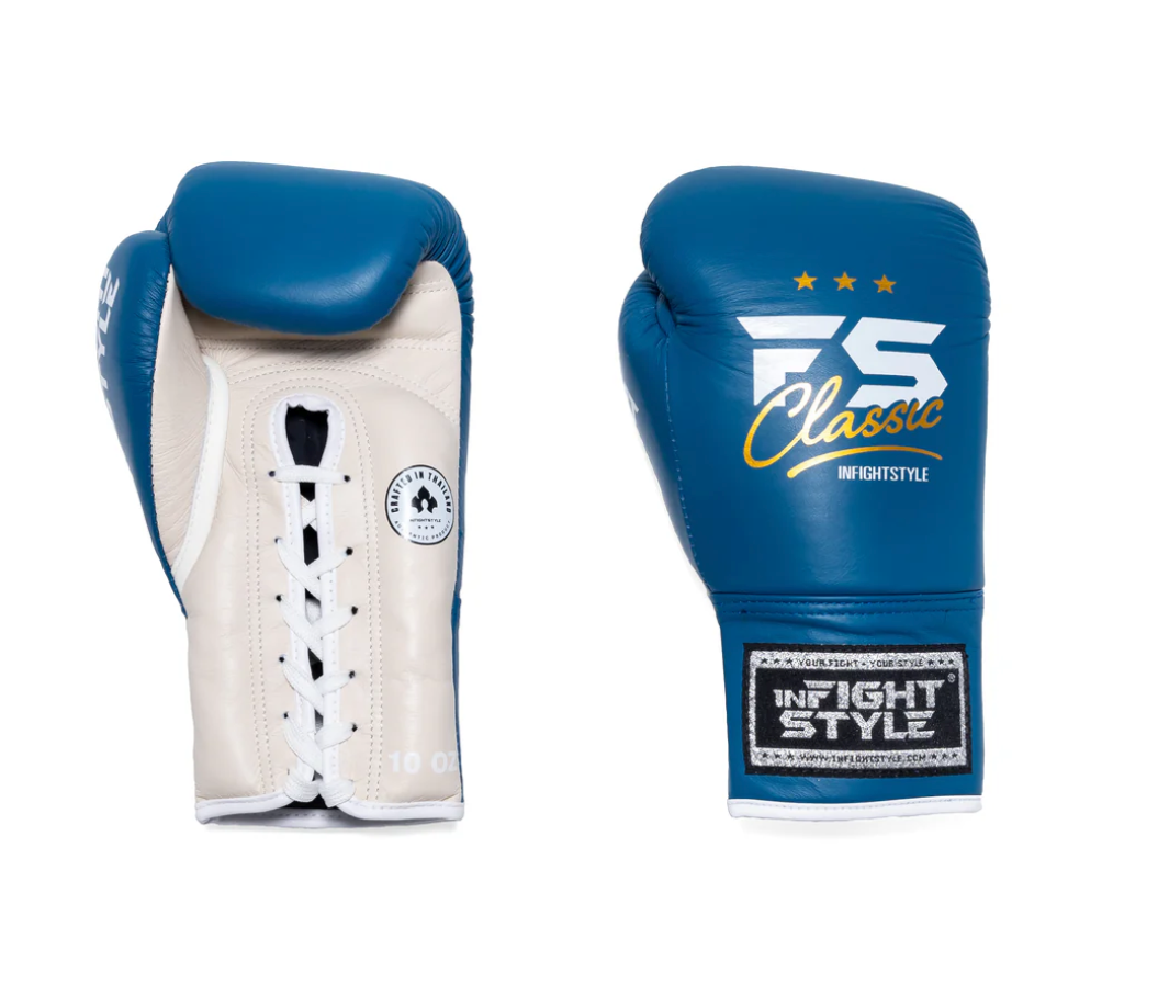 Heritage Lace Up Boxing Gloves - Classic Blue with soft padding for comfort and lace-up closure from InFightStyle.