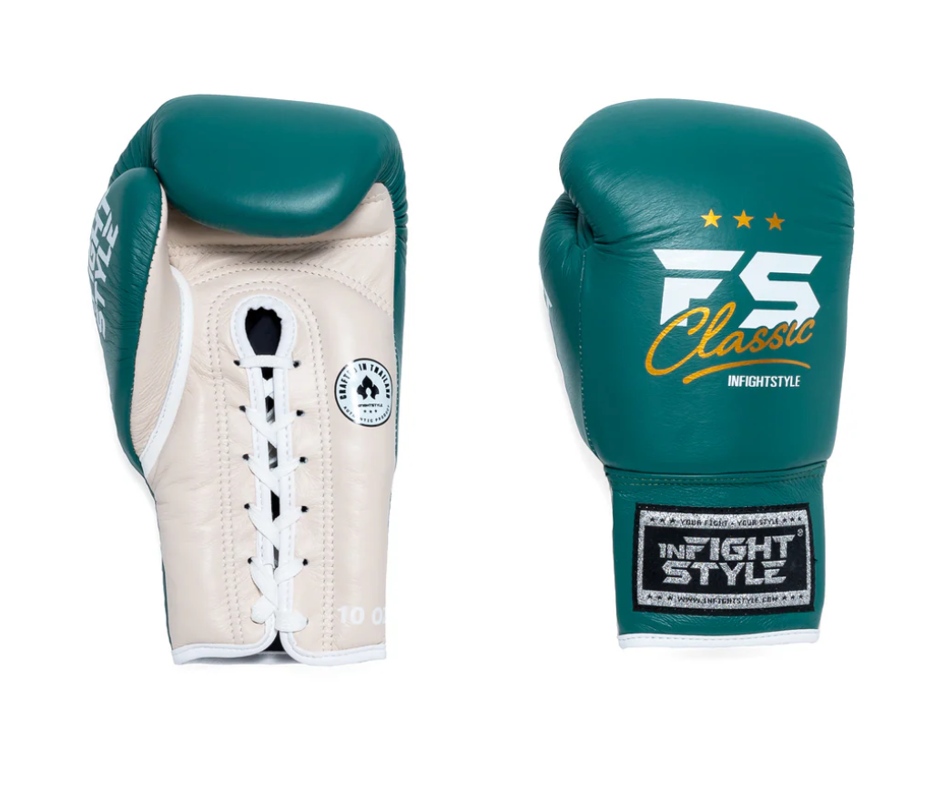 Heritage Lace Up Boxing Gloves - Antique Green by InFightStyle, featuring soft padding and secure lace-up closure.