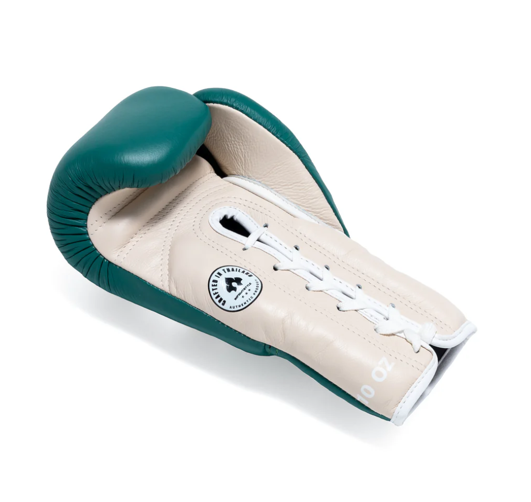 Heritage Lace Up Boxing Gloves - Antique Green by InFightStyle, featuring soft padding and lace-up closure for optimal fit.