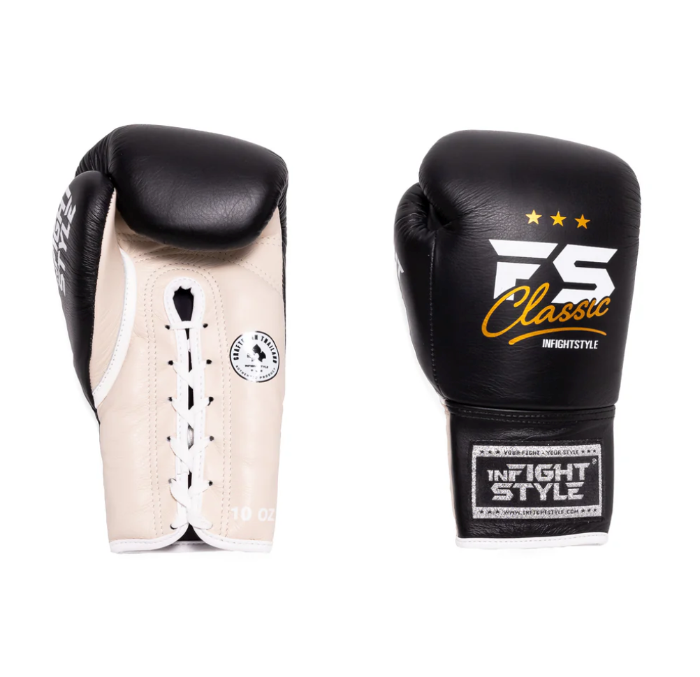 Heritage Lace Up Boxing Gloves - Black by InFightStyle offer optimal protection and a secure fit for training.