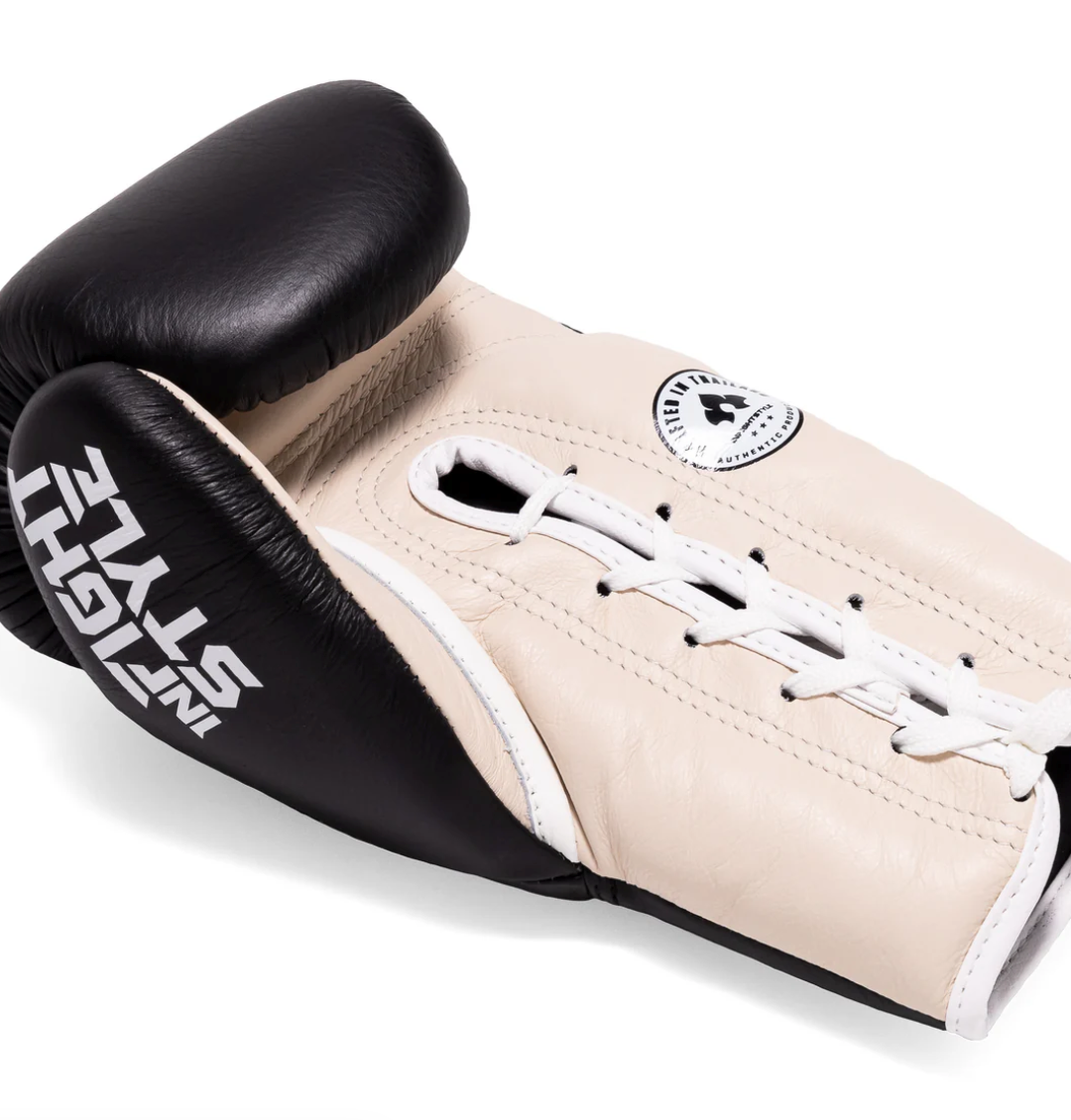 Heritage Lace Up Boxing Gloves - Black by InFightStyle, featuring soft padding and lace-up closure for a perfect fit.