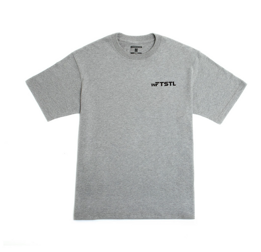 Oversized super soft tee in Heather Grey with small silk-screen chest logo; 100% cotton.