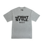 Oversized heather grey tee with large INFIGHT STYLE back graphic and small FS logo.