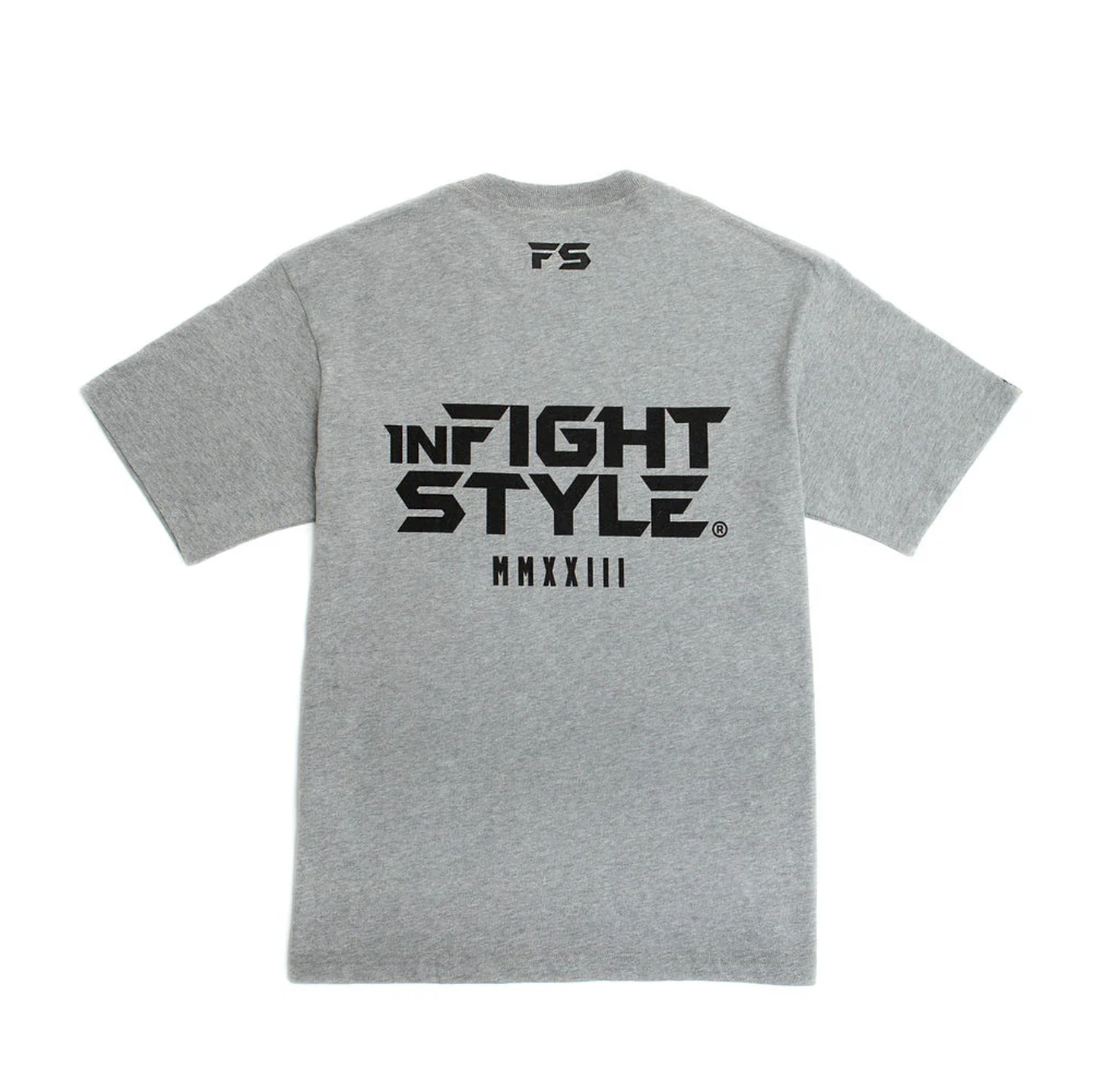 Oversized heather grey tee with large INFIGHT STYLE back graphic and small FS logo.