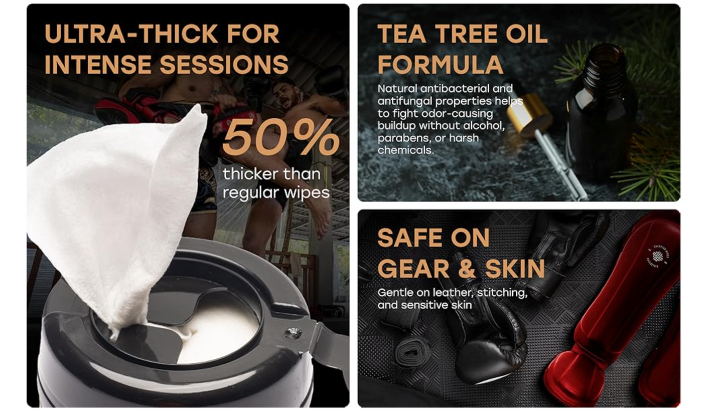 Boxing Glove Cleaning Wipes (45 Count) | Heavy-Duty Tea Tree Oil Formula | Skin Safe, Biodegradable, No Residue | For Boxing & Martial Arts Equipment (Unscented)