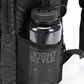 Black mesh pocket of the Ultimate Urban Trainer Backpack holding a water bottle, perfect for athletes on the go.