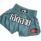 Teal Mono Nylon Lotus Granite Muay Thai training shorts with large white script logo and side patches.