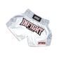 Tickets Retro Muay Thai Training Shorts in pink blush white satin with INFIGHT STYLE logo and 6-row waist embroidery.