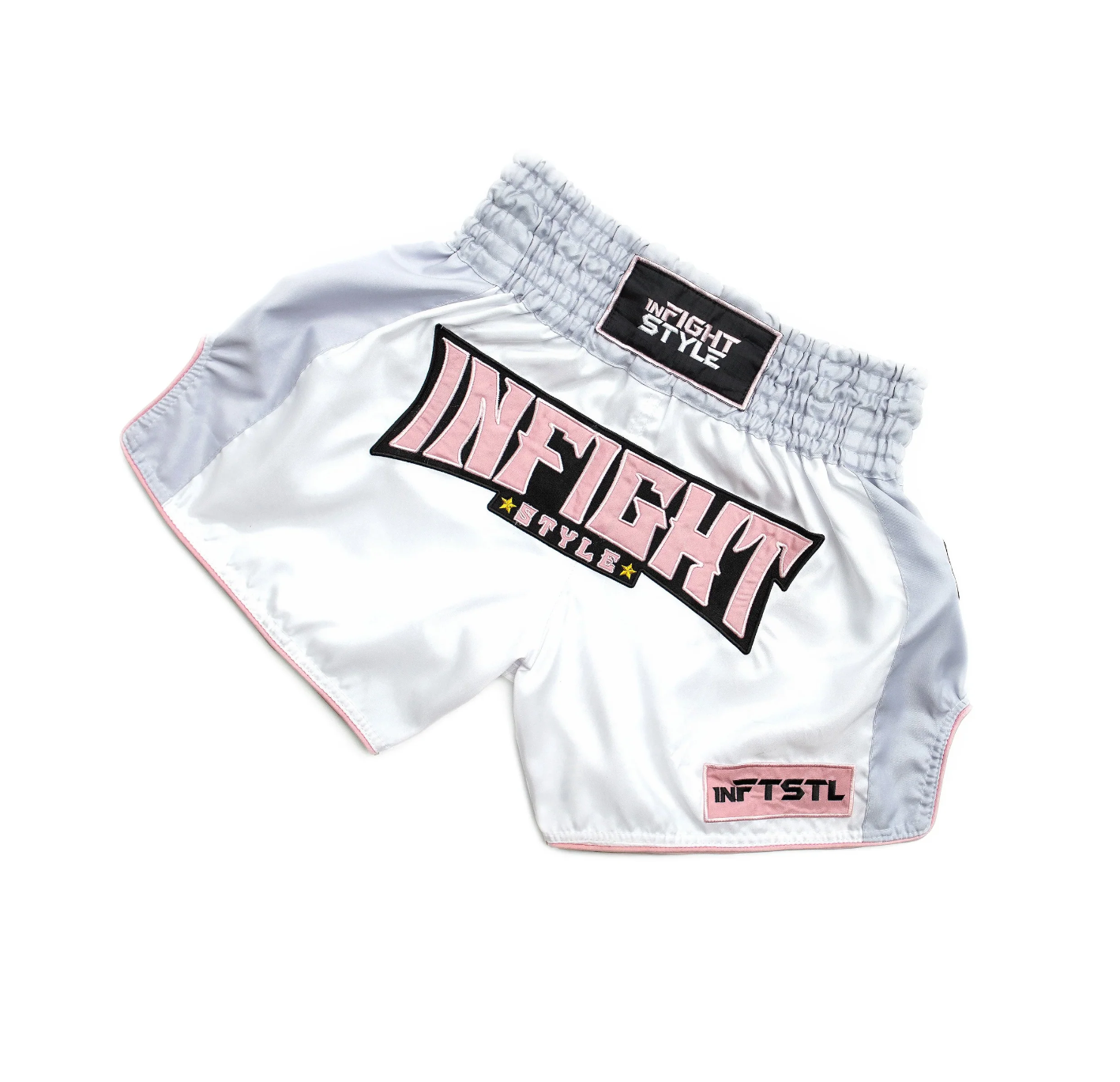 Tickets Retro Muay Thai Training Shorts in pink blush white satin with INFIGHT STYLE logo and 6-row waist embroidery.