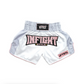 Tickets Muay Thai Training Shorts in white satin with pink INFIGHT STYLE embroidery, 6-row waist - Pink Blush