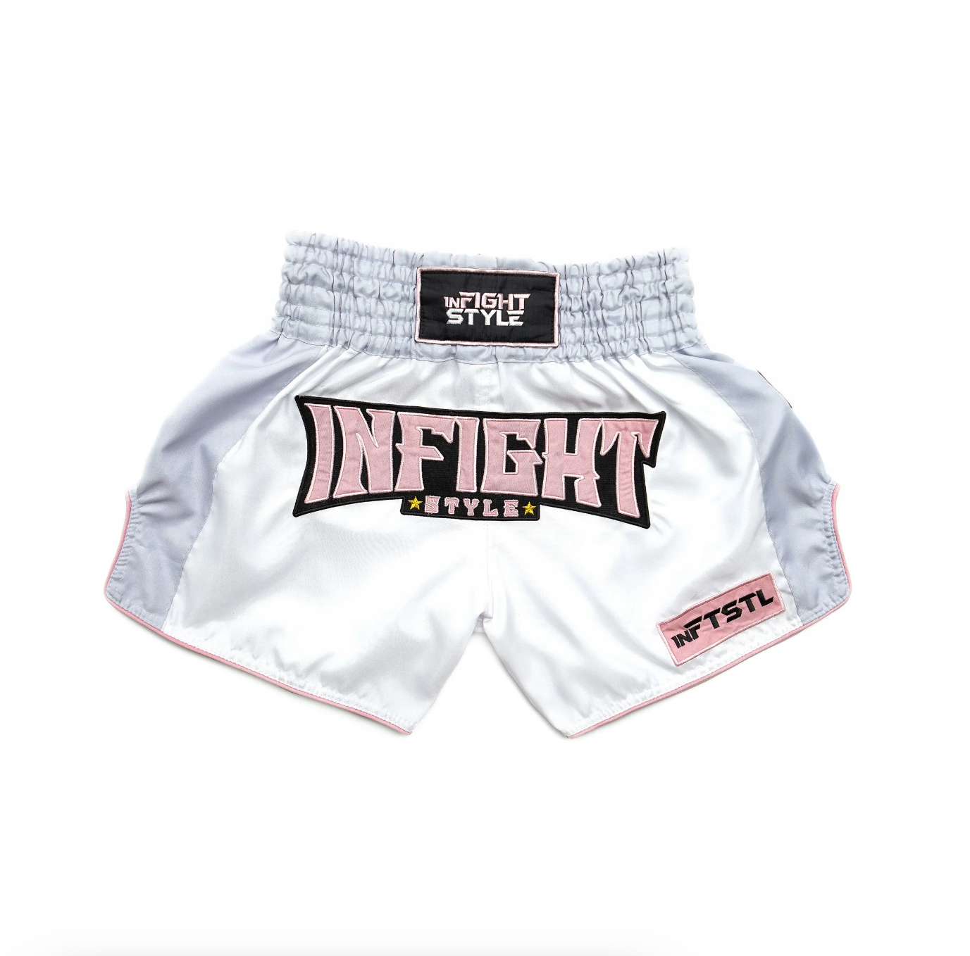 Tickets Muay Thai Training Shorts in white satin with pink INFIGHT STYLE embroidery, 6-row waist - Pink Blush