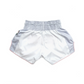 Tickets Retro Muay Thai Training Shorts in white satin with pink piping and gray side panels, 6-row waist embroidery.