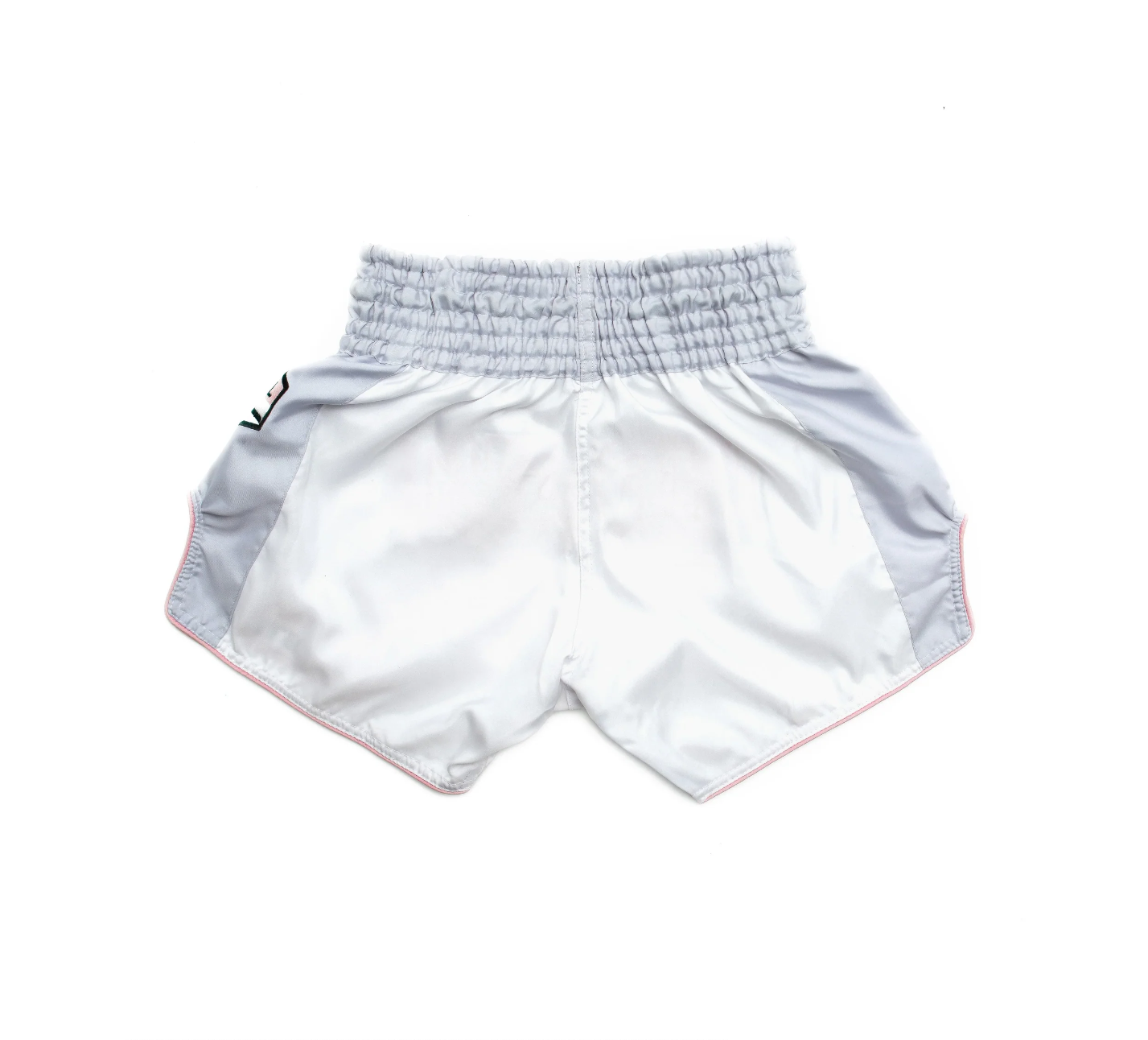 Tickets Retro Muay Thai Training Shorts in white satin with pink piping and gray side panels, 6-row waist embroidery.
