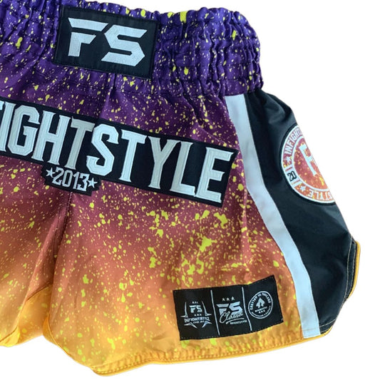 InFightstyle IVY Premium Muay Thai Short -  Splatter -Yellow/Purple