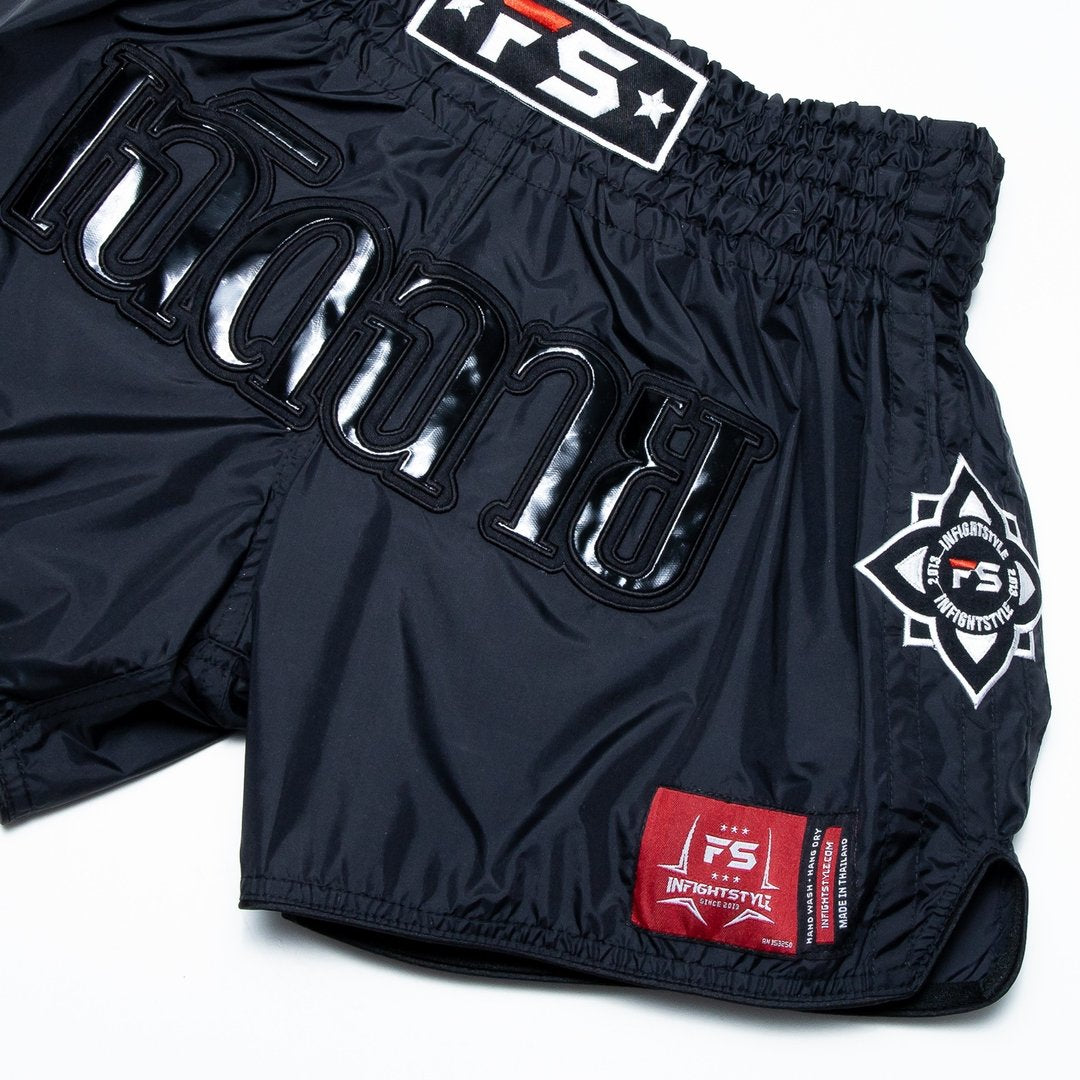InFightStyle Nylon Lotus Retro Muay Thai Shorts - Black