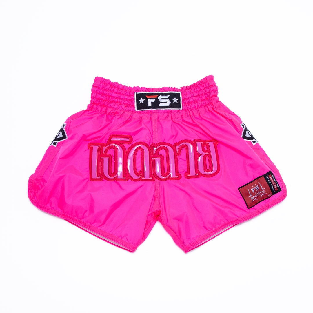Mono Nylon Lotus Retro Muay Thai Shorts - Neon Pink