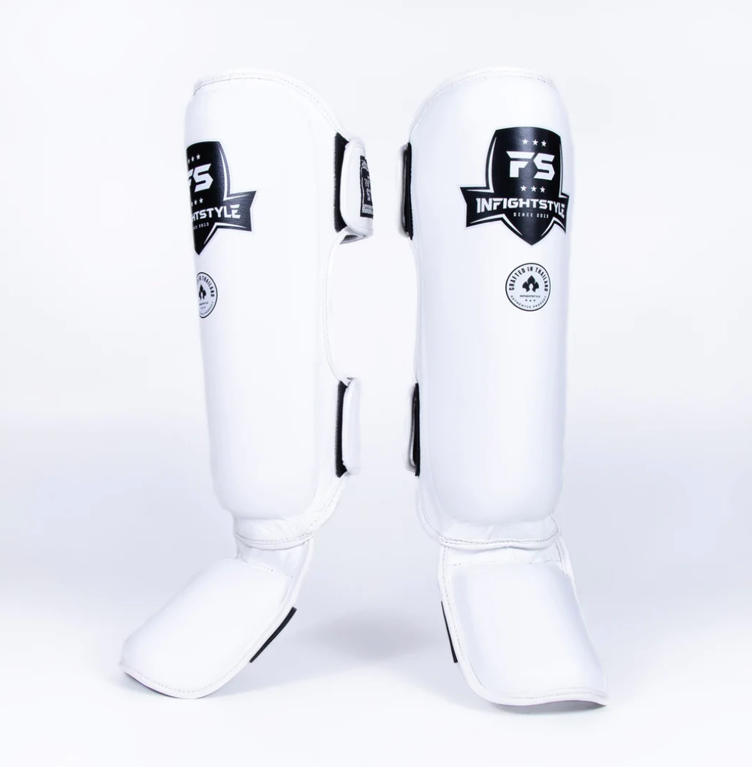 InFightStyle Pro Shinguards Semi Leather for Muay Thai & Kickboxing - White