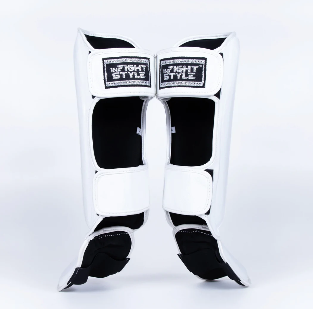InFightStyle Pro Shinguards Semi Leather for Muay Thai & Kickboxing - White