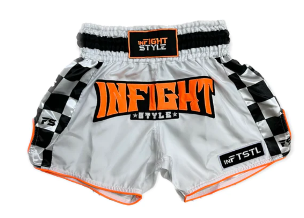 Powerful Strides| Finish Line Muay Thai Retro Training Shorts in White/Orange